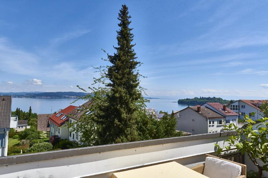 a tree on a balcony with a view of the water at Bodenseeblick in Konstanz