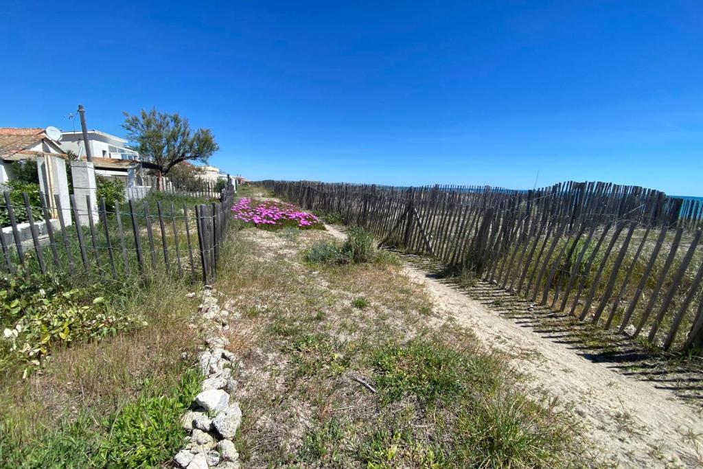 a dirt road next to a fence with flowers at Hulot-838-Iodine parenthesis in Frontignan