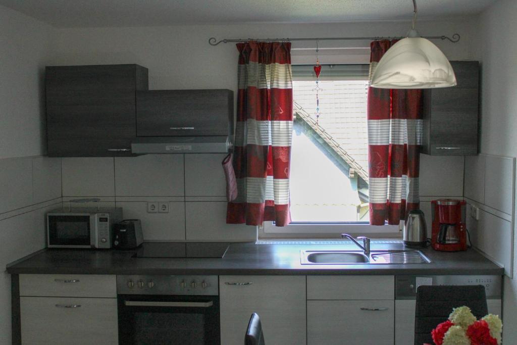 a small kitchen with a sink and a window at Ferienwohnung Haus am Wald in Judenbach