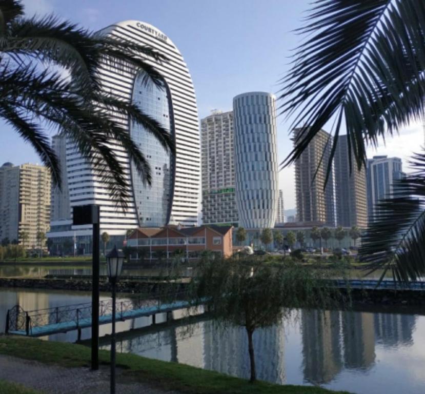 a view of a city with a river and buildings at Boulevard Apartments in Itʼkhvisi