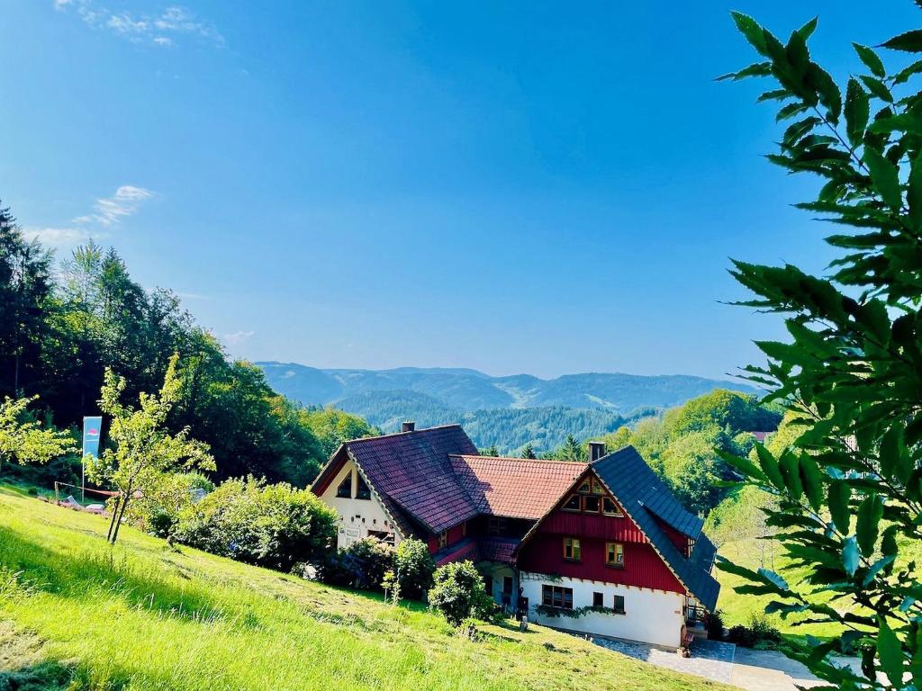a red and white house on top of a hill at Ferienwohnung deine Rauszeit in Seebach
