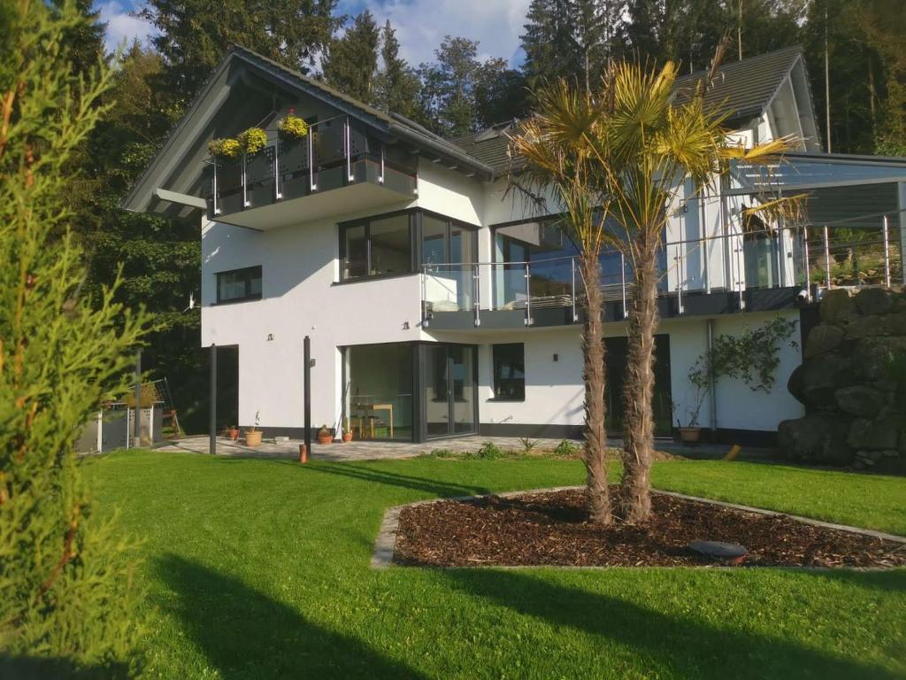 a white house with a palm tree in front of it at Relax Oase in Sasbachwalden