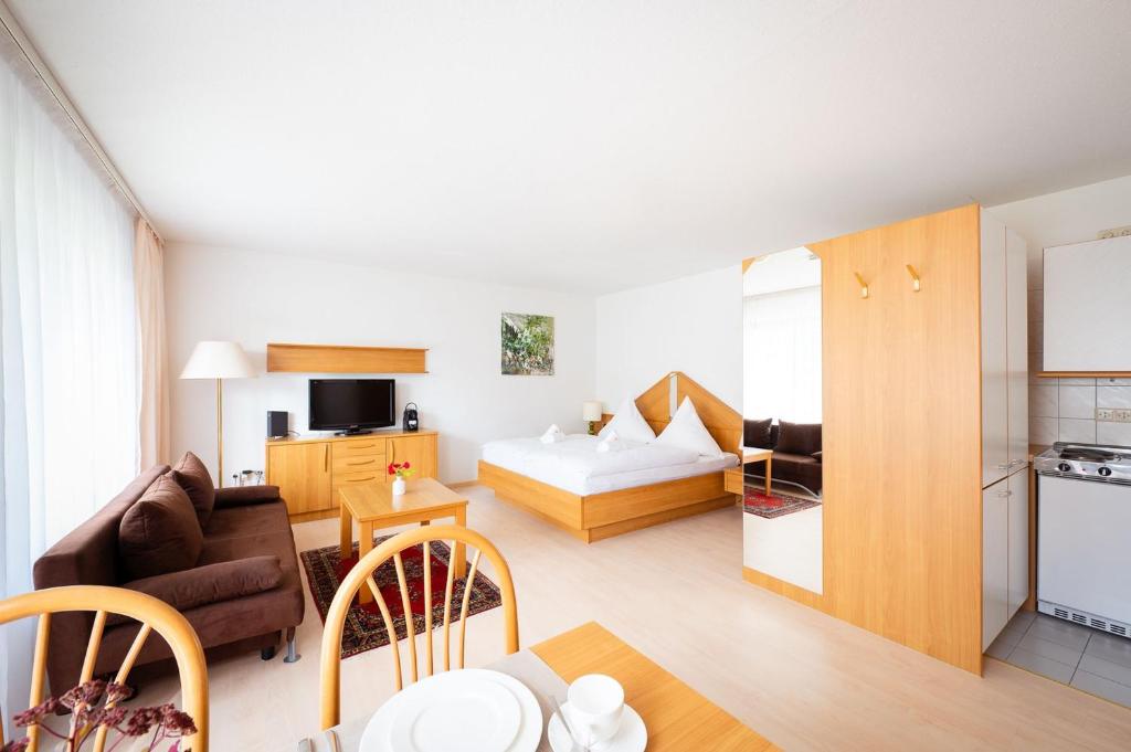 a living room with a couch and a bed and a kitchen at Fewo Schneckenhalde App 12 in Bad Säckingen