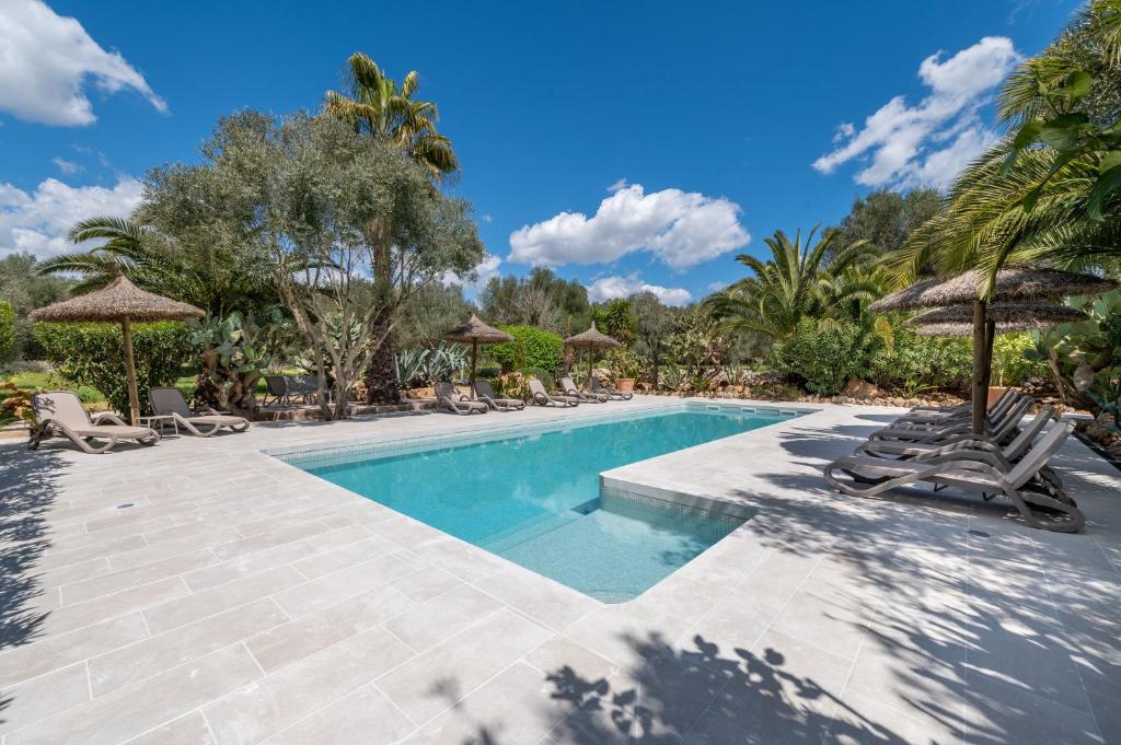 a swimming pool with chairs and umbrellas at Casa Pina in Costitx