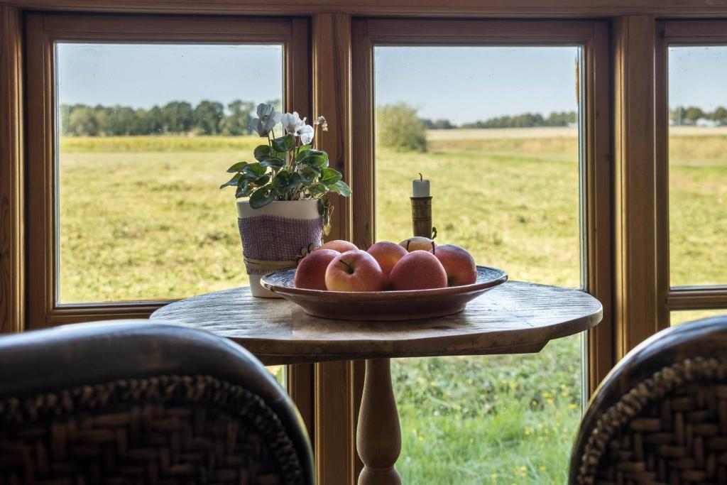 a bowl of peaches on a table in front of a window at Apartment Lüneburger Heide in Hankensbüttel