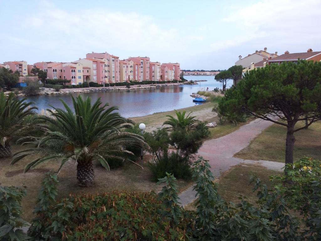 a river with palm trees and buildings in the background at Chez Colette du haut in Le Barcarès