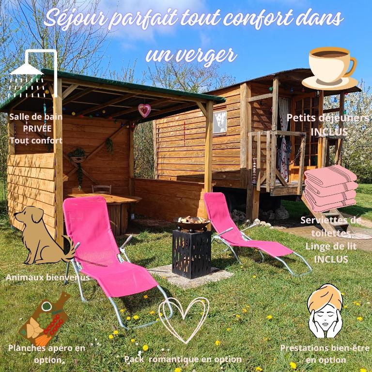 a flyer with pink chairs and a cabin at Roulotte Ô Rêves Atypiques in Boucé