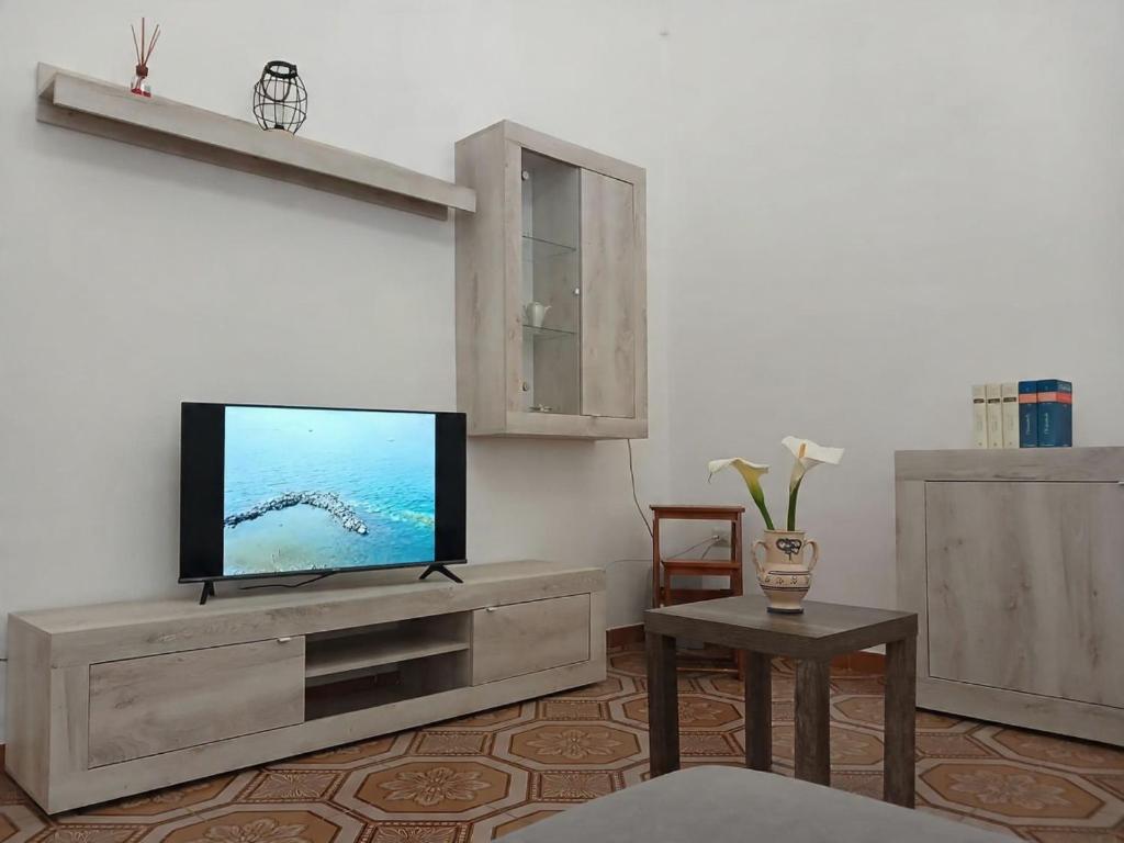a living room with a flat screen tv on a entertainment center at La CASEDDHA in Taviano