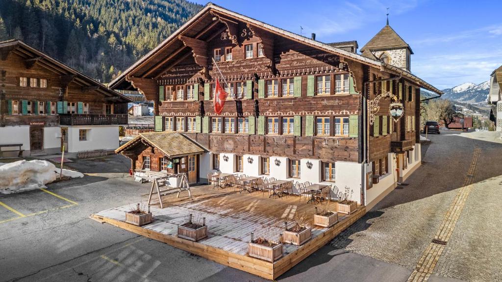 an overhead view of a large wooden building at L'Auberge de L'Ours in Vers L'Eglise