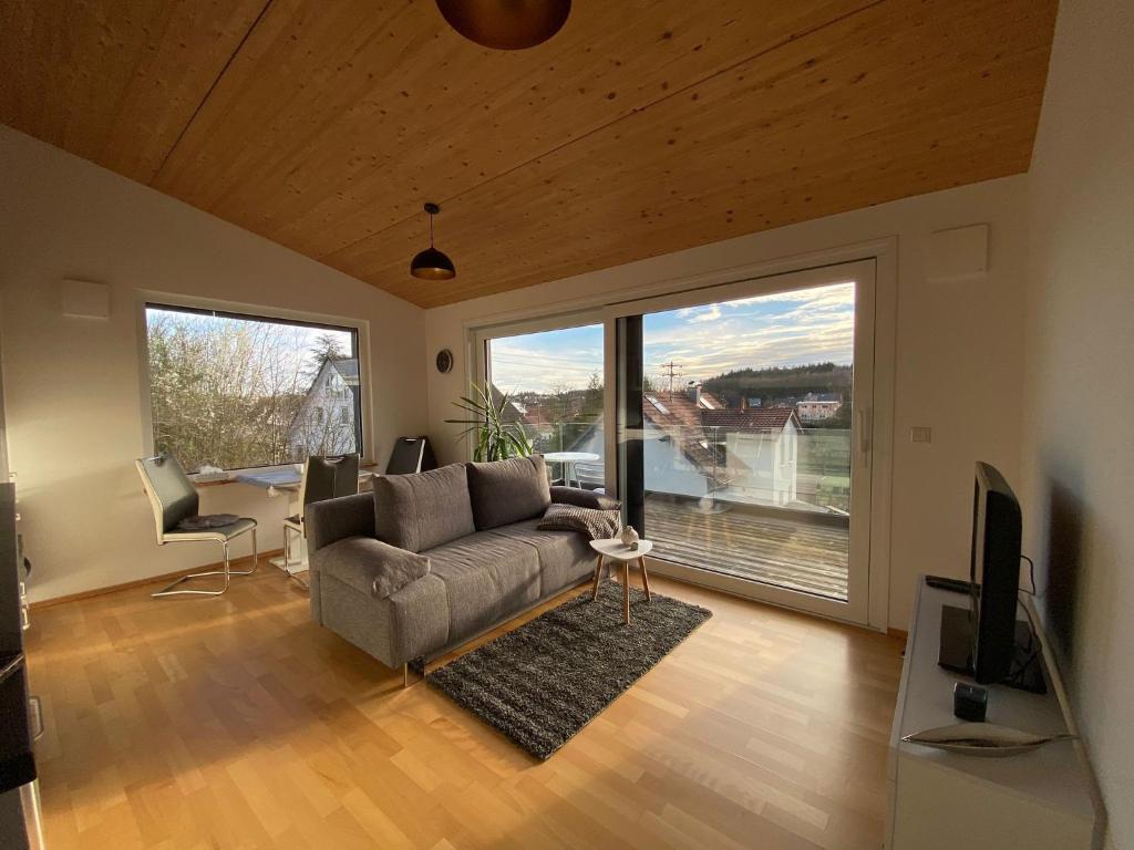 a living room with a couch and a tv at Ruhige Ferienwohnung im Hegau in Volkertshausen
