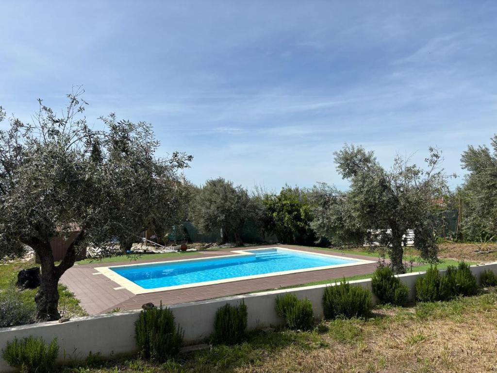 a swimming pool in a yard with trees at Casa do Aguadeiro in São Marcos do Campo