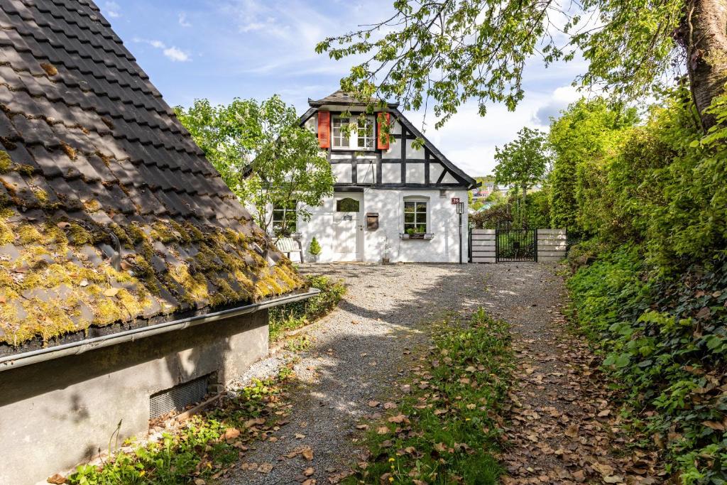 an old white house with a black roof at Fachwerk-Ferienhaus 1764 in Eslohe