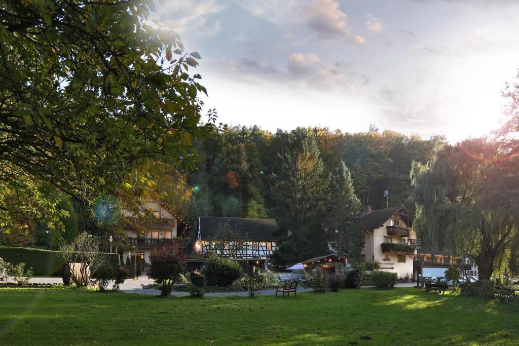 ein Haus inmitten eines Parks mit Bäumen in der Unterkunft Hotel Restaurant Paradeismühle in Klingenberg am Main