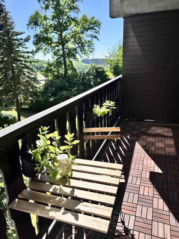 a wooden bench sitting on a balcony with plants at Schwarzwald Martini in Sasbachwalden