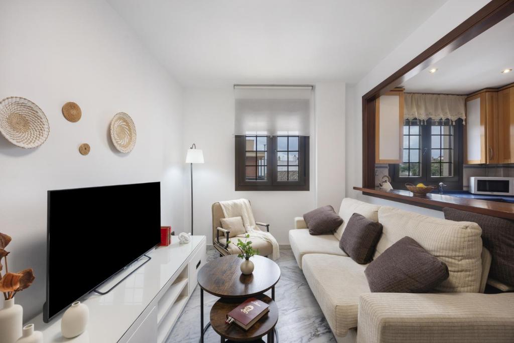 a living room with a couch and a flat screen tv at Duplex a 9 min De Bajo de Guia in Sanlúcar de Barrameda
