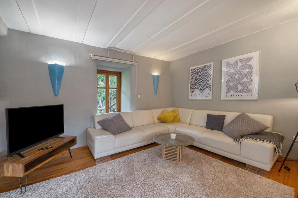 a living room with a white couch and a flat screen tv at Alte Mühle in Dernbach in Dernbach