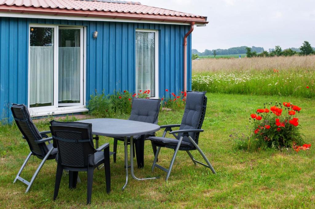 a table and chairs in front of a blue house at Möve Aba Bungalow 63 in Rerik