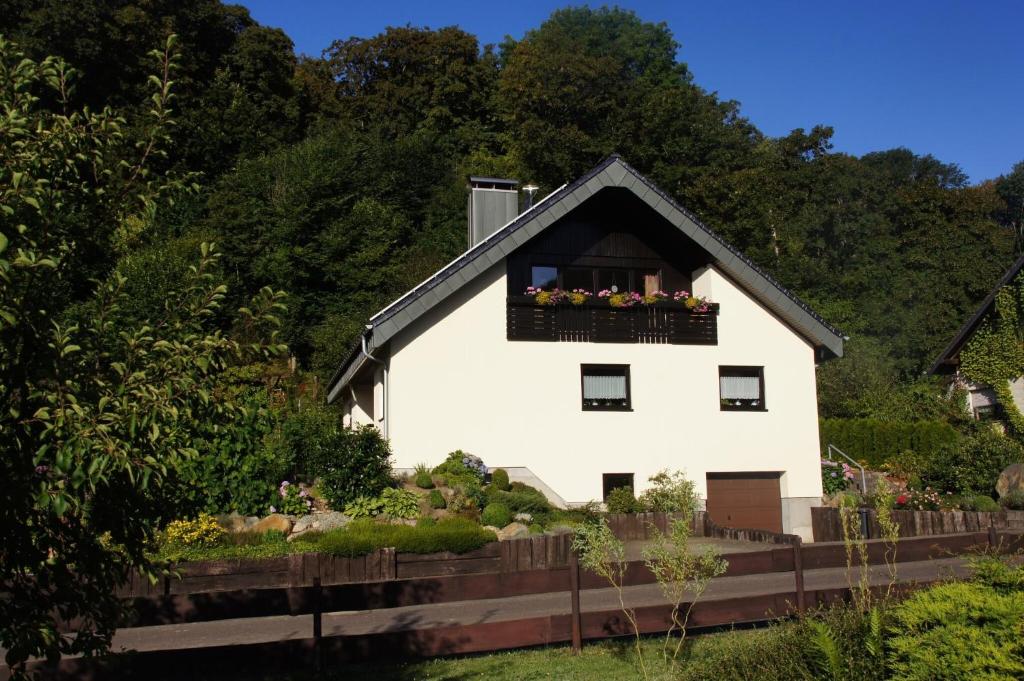 a white house with a window with flowers on it at Rauber Marie Theres in Abentheuer