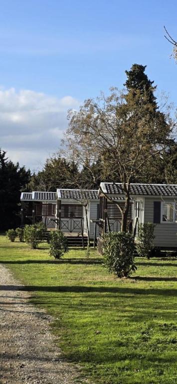 a house on a grassy field next to a building at Camping Fontisson - Mobil home 3 pièces 4/5 personnes Climatisé MAE-1476 in Châteauneuf-de-Gadagne