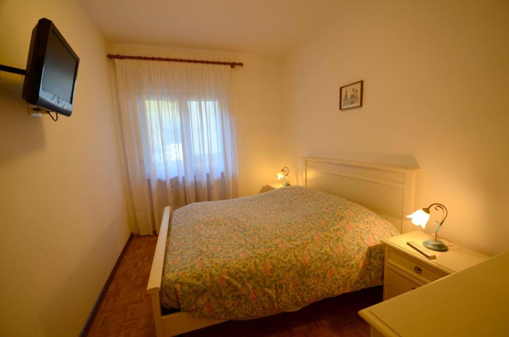a small bedroom with a bed and a television at Ciasa Da Rin in Auronzo di Cadore