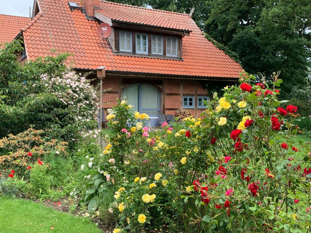 a house with a bunch of flowers in the yard at Familienhaus in Trebel