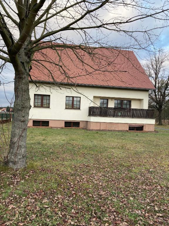 a large white house with a red roof at Ferienwohnungen am Louisenteich in Frauendorf