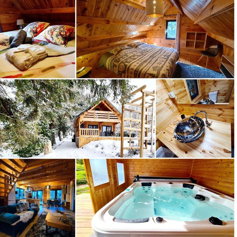 a collage of pictures of a cabin with a hot tub at Le Chalet Aura et Jacuzzi in Abreschviller