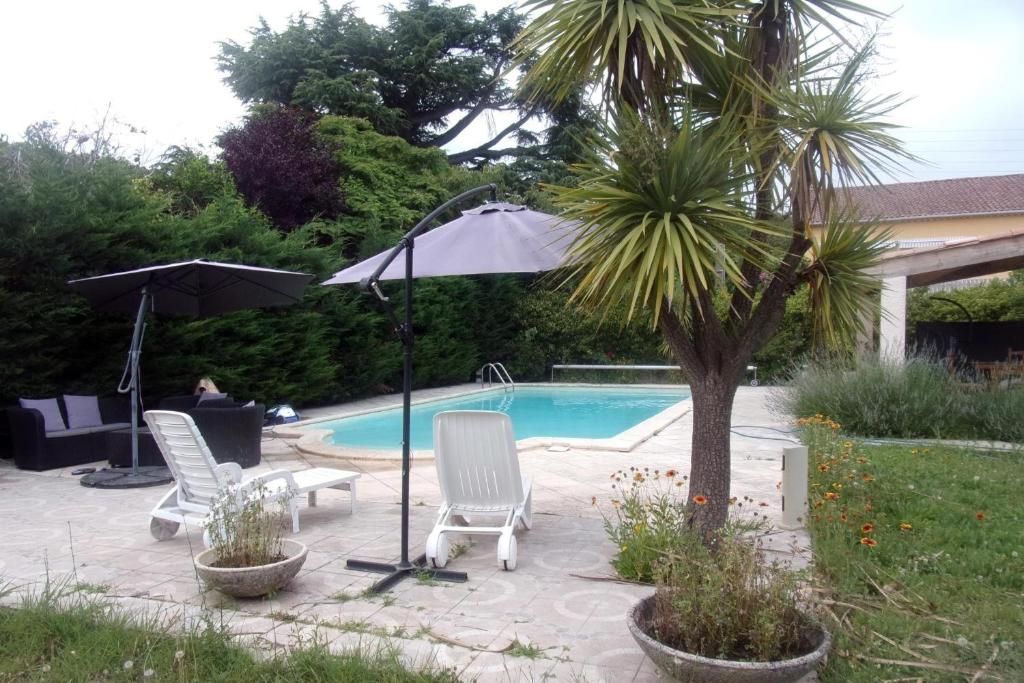 a pool with two chairs and an umbrella and a palm tree at Villa Loudéro in Bédarieux