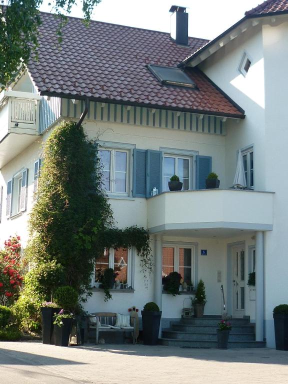 a white house with blue windows and stairs at Haus Schnitzler in Wasserburg