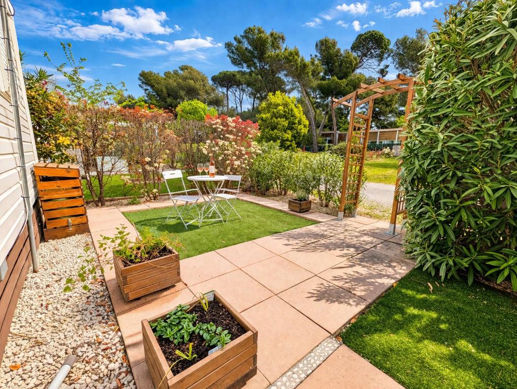 a garden with a table and some plants at Bungalow Camping 4 étoiles - Mer à pied in Hyères