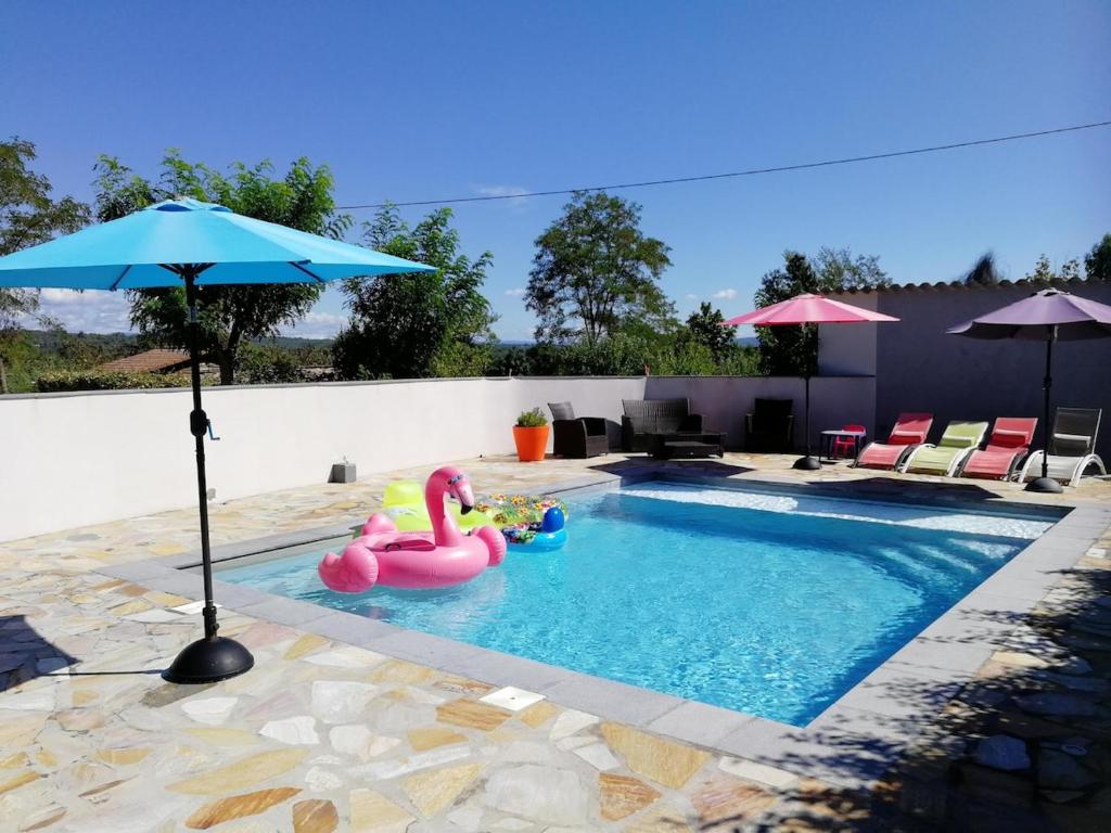 a swimming pool with two pink flamingos and an umbrella at Gîte SPA Sauna Piscine in Grospierres