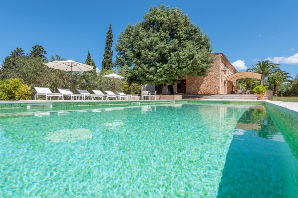 a large swimming pool with chairs and an umbrella at Villa S'erisal in Alaró