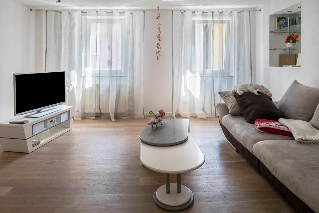 a living room with a couch and a tv at Ferienwohnung Feine Natur in Bahlingen