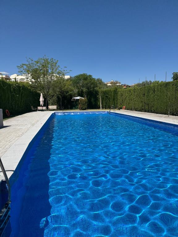 a blue swimming pool with a person in the background at Comodidad cerca del centro Granada in Albolote