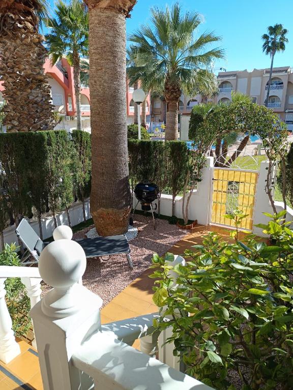 a garden with a palm tree and a white fence at Dúplex El Divino in Los Alcázares