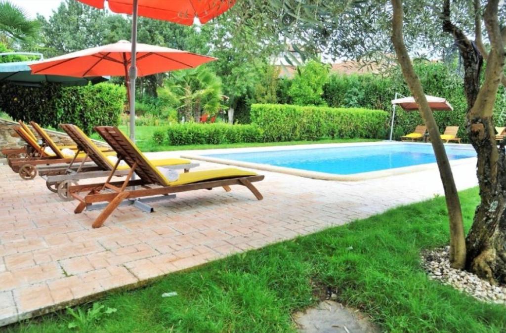 a group of chairs and umbrellas next to a swimming pool at Solar de Rabal in Bragança