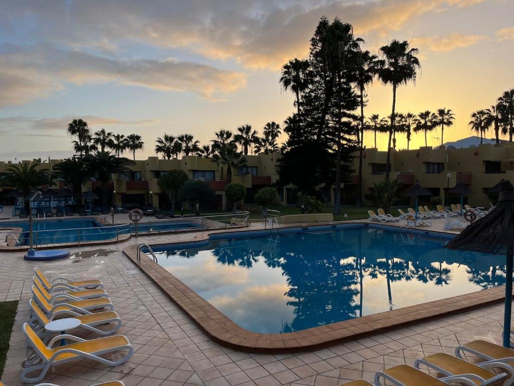 a large swimming pool with lounge chairs and palm trees at CasaFelix in Corralejo