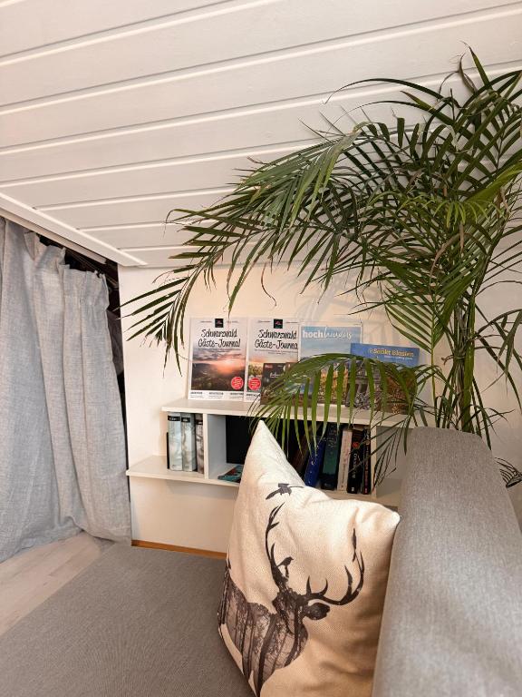 a living room with a couch and a plant at Schwarzwaldglück Loft in St. Blasien