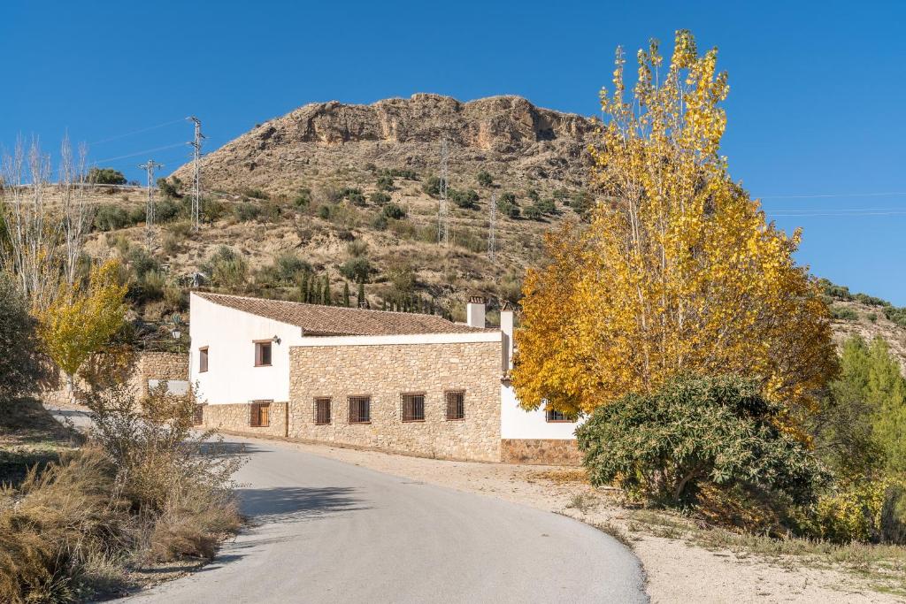 a house on a road with a mountain in the background at Cortijo El Plantío Castril in Castril