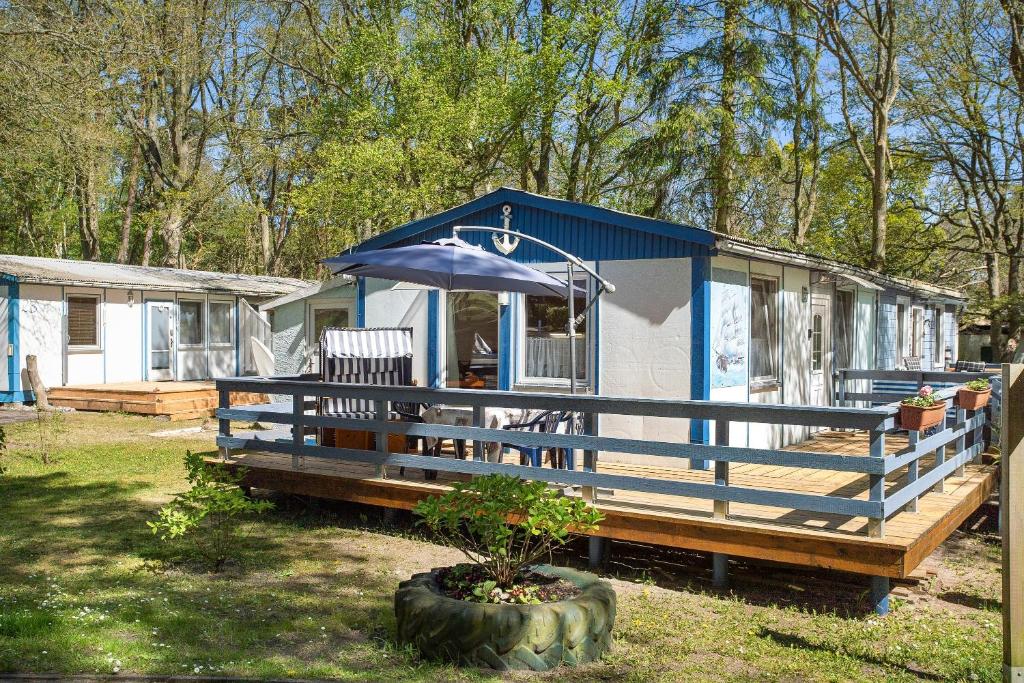 a blue tiny house with a porch and an umbrella at Bungalow Mary Ann, Bgl 25 in Dranske