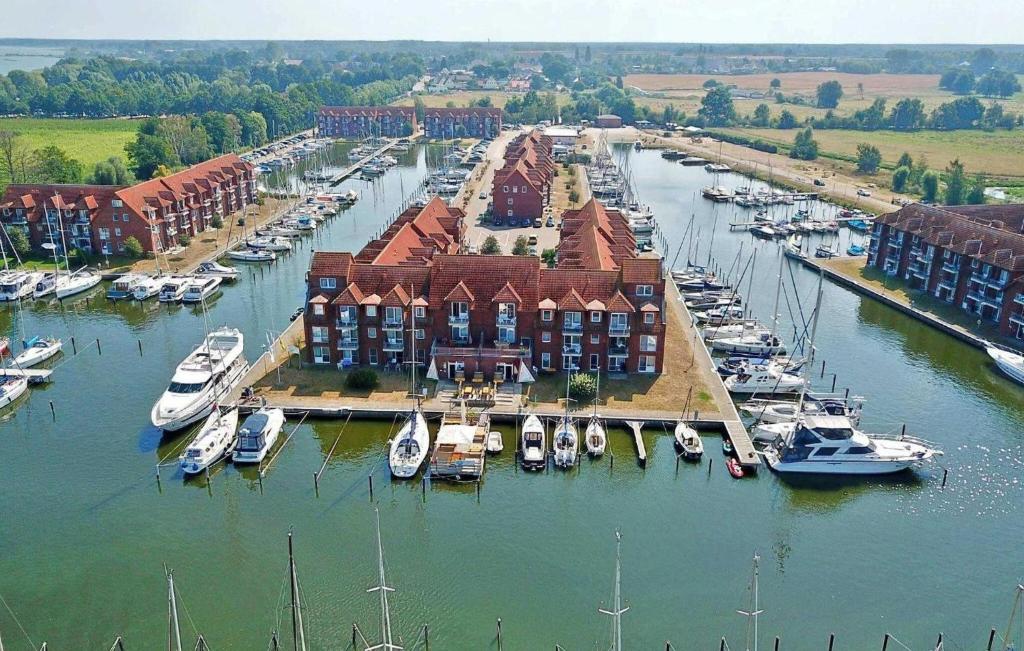 an aerial view of a marina with boats docked at Ferienwohnung Abendrot 299 in Ueckermünde