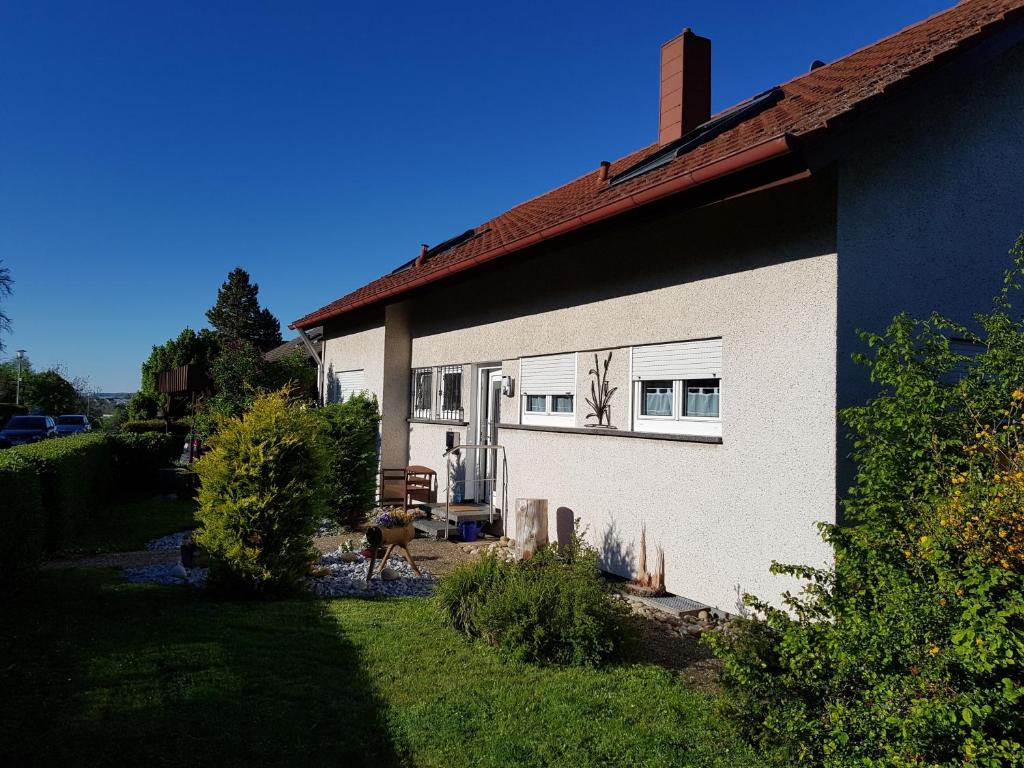 a house with a dog standing in front of it at Die Wohnung Stein in Bretzfeld