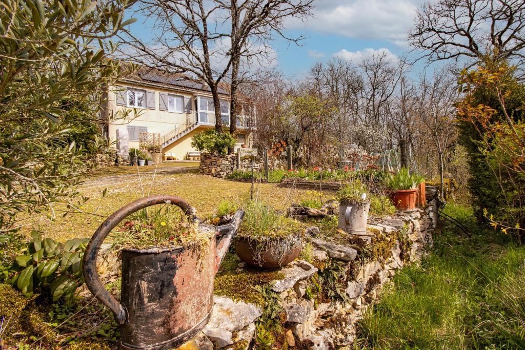 a garden in front of a house with potted plants at Maison Sur le Causse Corrézien in Saint-Cernin-de-Larche