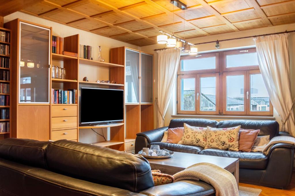 a living room with a leather couch and a tv at Ferienwohnung mit privater Sauna in Gunzenhausen