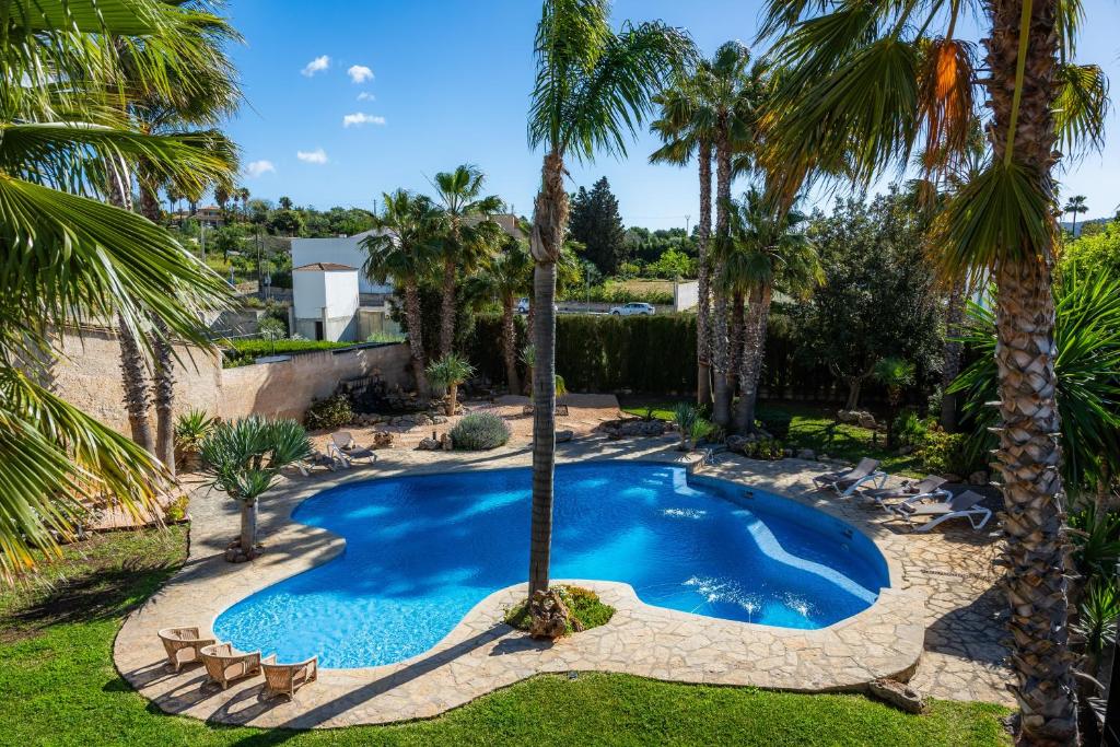 a swimming pool in a yard with palm trees at Can Gual Inca in Inca
