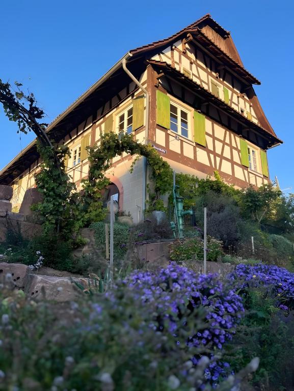a house on the side of a hill with flowers at Fewos Weingut Pieper Basler in Offenburg