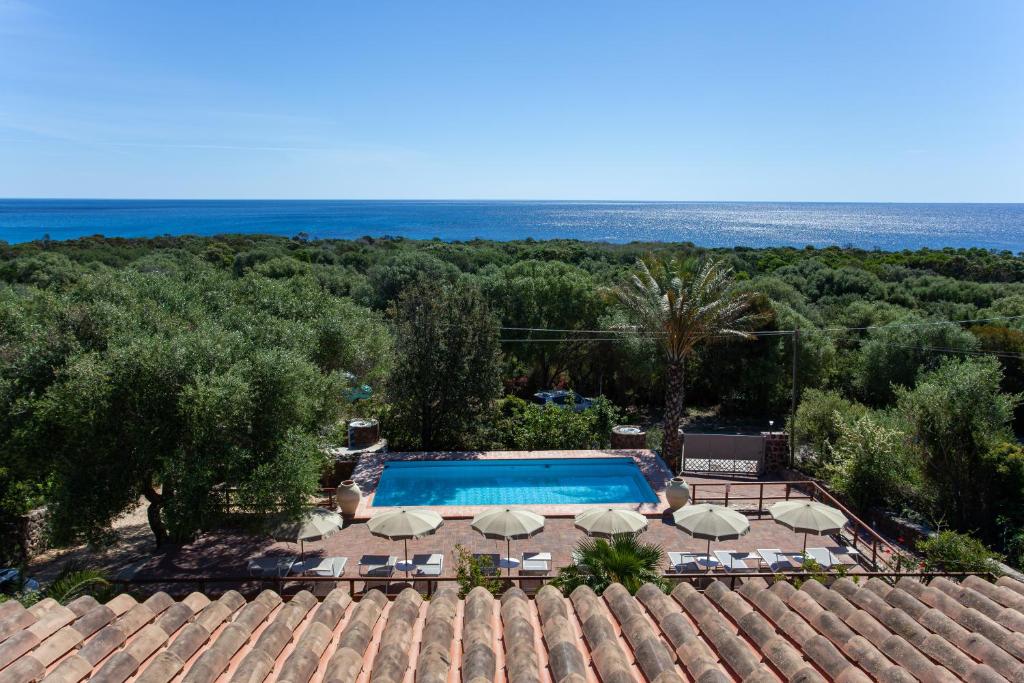 an aerial view of a resort with a swimming pool at Pavoncella in Orosei