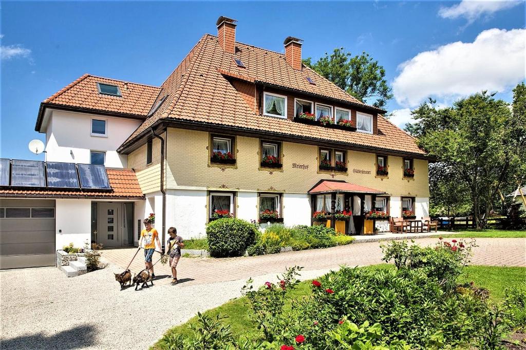 two people walking two dogs in front of a house at Ferienwohnung Meierhof, 38qm in Sankt Märgen