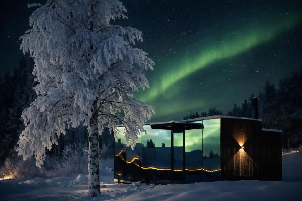 an igloo under the aurora in the snow with a tree at Sonka Resort Mirror House with Lake View in Rovaniemi