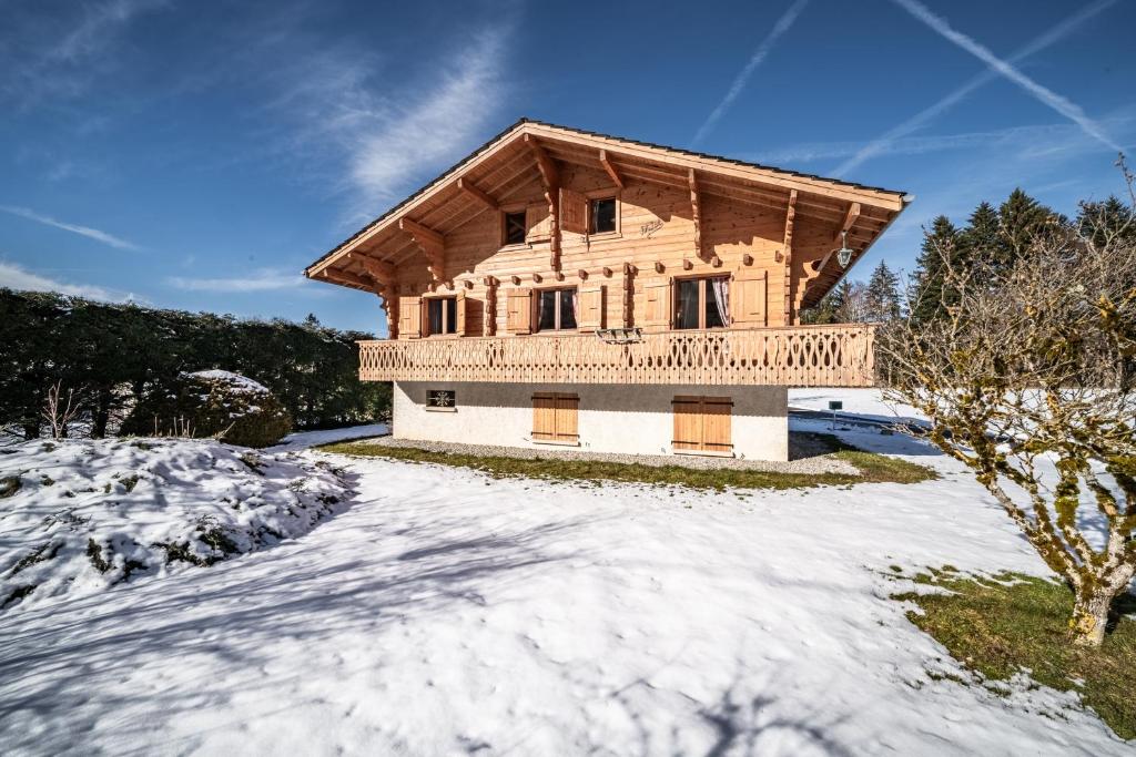 a log cabin in the snow with a driveway at Chalet Phidel - 11 personnes in Bernex